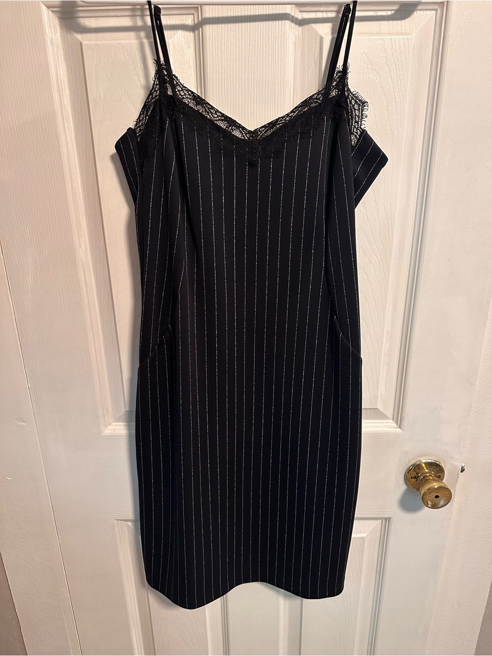 Worthington Black Pinstripe Lace-Trim Slip Dress